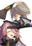  1boy 2girls black_gloves bridal_gauntlets closed_eyes closed_mouth father_and_daughter fire_emblem fire_emblem_awakening fire_emblem_fates gambeson gloves grey_hair hand_on_another&#039;s_head inigo_(fire_emblem) laslow_(fire_emblem) long_hair lower_teeth_only mother_and_son multiple_girls olivia_(fire_emblem) open_mouth pink_hair short_hair siesta_festival soleil_(fire_emblem) teeth white_background 