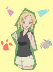  1girl anima_yell! black_t-shirt blonde_hair cheering cheerleader kirara_fantasia long_hair sawatari_uki t-shirt white_pants yellow_background yellow_eyes 