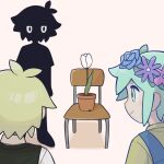  3boys basil_(faraway)_(omori) basil_(headspace)_(omori) basil_(omori) blonde_hair chair closed_mouth flower green_eyes green_hair head_wreath multiple_boys omori plant potted_plant short_hair smile sr_ld_fr standing stranger_(omori) tulip 