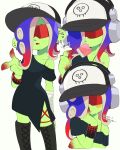  1girl arm_behind_back bandaged_arm bandages baseball_cap black_dress black_footwear blue_hair blush_stickers boots bracelet closed_mouth color_chip_(splatoon) colored_skin commentary_request cross-laced_slit dedf1sh dress earrings fang gradient_hair green_skin hand_on_own_face hat headphones headphones_over_headwear highres jewelry kiirono knee_boots long_hair mouth_hold multicolored_hair multiple_earrings multiple_views octoling off-shoulder_dress off_shoulder open_mouth pointing print_headwear red-tinted_eyewear redhead sanitized_(splatoon) side_slit single_bare_shoulder speech_bubble splatoon_(series) splatoon_3 splatoon_3:_side_order standing suction_cups sunglasses sweat tentacle_hair tinted_eyewear translation_request two-tone_hair white_background 