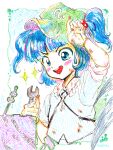  1girl :d blue_eyes blue_hair blue_shirt blush green_hat hair_bobbles hair_ornament hat holding holding_wrench kawashiro_nitori key medinki official_style open_mouth shirt short_hair smile solo sparkle sweatdrop teeth touhou traditional_media two_side_up upper_teeth_only wrench zun_(style) 