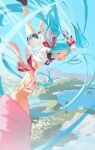  1girl 1other blue_eyes blue_hair blue_sky bow chi_chi3939 day falling hair_bow hatsune_miku highres holding_hands looking_at_viewer midair multiple_hair_bows open_mouth pov pov_hands red_bow sekiranun_graffiti_(vocaloid) short_sleeves sky smile vocaloid 
