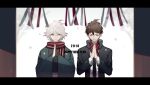  2018 2boys ahoge black_jacket black_kimono black_necktie brown_gloves brown_hair buttons closed_eyes closed_mouth coattails collared_jacket commentary danganronpa_(series) danganronpa_2:_goodbye_despair day english_text gloves green_eyes green_jacket hair_between_eyes haori happy_new_year high_collar highres hinata_hajime jacket japanese_clothes kimono komaeda_nagito layered_sleeves letterboxed light_smile long_sleeves looking_at_another looking_to_the_side male_focus messy_hair multiple_boys necktie open_clothes open_jacket outdoors own_hands_together praying red_scarf sash scarf shirt short_hair shrine single_glove snowing straight-on striped_clothes striped_scarf symbol-only_commentary tree unagi_(nakaelric) upper_body waist_sash white_hair white_sash white_shirt wide_sleeves winter 