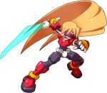  1boy absurdres archived_source armor assault_visor black_bodysuit blonde_hair bodysuit boots crotch_plate energy_sword facial_mark forehead_jewel forehead_mark girouette_(mega_man) green_eyes highres holding holding_sword holding_weapon long_hair makoto_yabe mega_man_(series) mega_man_zx model_z_(mega_man) official_art power_armor red_armor red_footwear simple_background solo sword weapon white_background 
