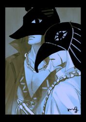  2boys animal_ears arabian_clothes black_hair black_lips bowl_cut chaka_(one_piece) dark-skinned_male dark_skin egyptian_clothes eye_mask facial_mark head_scarf headband highres jackal_ears jewelry large_pectorals looking_ahead male_focus mg_choco826 monochrome multiple_boys necklace one_piece pectoral_cleavage pectorals pell profile robe short_hair upper_body 