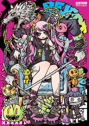  1girl alternate_weapon belt_chain bracelet chain decora english_text engrish_text gyaru highres jewelry kogal leash lock original padlock profanity project.c.k. punk ranguage shortcake skull tattoo tatu thumb_ring twintails weapon werewolf 