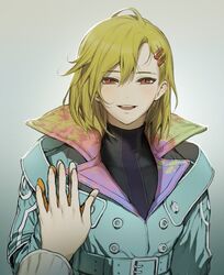  1other antenna_hair aqua_coat blonde_hair coat fingerless_gloves gloves gnosia hair_between_eyes hair_ornament hairclip looking_at_viewer non-web_source other_focus red_eyes setsu_(gnosia) short_hair simple_background simu_rr smile solo turtleneck 