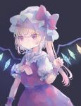  1girl ascot bat_wings blonde_hair crystal flandre_scarlet hat hat_ribbon hiyuu_(hiyualice) looking_at_viewer mob_cap multicolored_wings one_side_up puffy_short_sleeves puffy_sleeves red_eyes red_vest ribbon short_sleeves side_ponytail skirt skirt_set solo star_(symbol) touhou vest white_hat wings yellow_ascot 