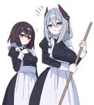  2girls alternate_costume apron black_dress blue_pupils blush breasts broom brown_hair commentary_request cowboy_shot dress enmaided frilled_apron frills frown grey_hair hand_on_own_chest hanya_(honkai:_star_rail) highres holding holding_broom honkai:_star_rail honkai_(series) large_breasts long_sleeves looking_at_viewer maid multiple_girls pink_eyes short_hair siblings sisters small_breasts violet_eyes white_apron xueyi_(honkai:_star_rail) zenshin 