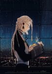  1girl artist_name blonde_hair book braid cowboy_shot earrings from_side glasses highres holding holding_book illumi999 indoors jewelry light long_hair multiple_braids night night_sky original parted_lips reading sky solo star_(sky) starry_sky window yellow_eyes 