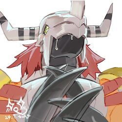  1boy armor claws close-up colored_skin digimon digimon_(creature) digimon_day dragon glacier_up_sun green_eyes helmet horns orange_skin redhead saliva short_hair simple_background solo sparkle wargreymon white_background yellow_armor 