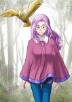  1girl absurdres bird blue_pants dated day digimon digimon_adventure_02 earrings forest highres inoue_miyako jewelry light_smile long_hair long_sleeves looking_at_viewer nature outdoors pants purple_hair standing tsukaima_(vfcou) violet_eyes wide_sleeves 