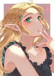  1girl alternate_costume bare_shoulders black_dress blonde_hair braid collarbone crown_braid dress green_eyes hand_up long_hair nail_polish parted_bangs princess_zelda red_background seri_(yuukasakura) solo the_legend_of_zelda the_legend_of_zelda:_breath_of_the_wild upper_body watermark white_background 