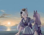  2girls :d animal_ears aqua_ribbon beach blunt_bangs blush bow bowtie closed_eyes clouds collarbone ear_bow gold_ship_(umamusume) grey_hair highres horizon horse_ears horse_girl horseshoe_ornament long_hair looking_at_another mejiro_mcqueen_(umamusume) multiple_girls ocean pillbox_hat purple_bow purple_hair ribbon school_uniform smile sunset tracen_school_uniform umamusume violet_eyes yuta_uma9 