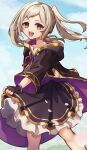  1girl aged_down bare_legs black_cape black_dress black_gloves black_skirt cape child clouds dress falling_petals fingerless_gloves fire_emblem fire_emblem_awakening fire_emblem_heroes gloves highres light_smile long_hair long_sleeves looking_at_viewer on_grass open_mouth petals purple_bracelet reia_hana robin_(female)_(child)_(fire_emblem) robin_(female)_(fire_emblem) robin_(fire_emblem) skirt sky smile twintails white_hair yellow_eyes 