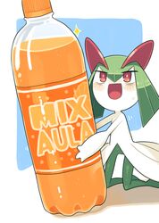  bags_under_eyes blue_background colored_skin green_hair highres horns ino_(tellu0120) kirlia minimized multicolored_skin open_mouth pink_eyes pokemon pokemon_(creature) sidelocks simple_background soda soda_bottle sparkle sweatdrop two-tone_skin white_skin 