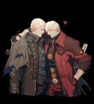  2boys absurdres belt bishounen black_belt black_coat black_gloves black_pants black_shirt blue_vest brothers closed_mouth coat dante_(devil_may_cry) devil_may_cry_(series) devil_may_cry_4 flower gloves heart high_collar highres holding long_coat looking_at_another looking_at_viewer male_focus multiple_boys muscular muscular_male open_clothes open_coat pants red_coat red_flower red_pants red_rose rose shirt short_hair siblings sword twins vergil_(devil_may_cry) vest vetania weapon weapon_on_back white_hair 