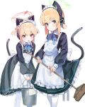  2girls absurdres animal_ear_headphones animal_ears apron black_dress blonde_hair blue_archive blush bucket cat_tail closed_mouth dress fake_animal_ears frilled_apron frills ggab0621 green_eyes green_halo halo headphones highres holding holding_bucket long_sleeves maid_apron midori_(blue_archive) midori_(maid)_(blue_archive) momoi_(blue_archive) momoi_(maid)_(blue_archive) multiple_girls official_alternate_costume open_mouth pantyhose pink_halo red_eyes short_hair siblings simple_background sisters smile tail twins white_apron white_background white_pantyhose 