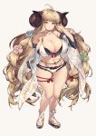  1girl anila_(granblue_fantasy) anila_(summer)_(granblue_fantasy) artist_request belly_chain bikini breasts covered_nipples curled_horns draph ge-b granblue_fantasy hair_ornament hair_ribbon highres hikimayu horns jewelry large_breasts layered_bikini leg_ribbon looking_at_viewer navel official_alternate_costume ribbon ribbon-trimmed_bikini sandals sheep_horns short_eyebrows simple_background smile solo swimsuit thick_eyebrows thigh_ribbon white_background white_bikini 