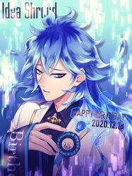  1boy blue_background blue_hair fiery_hair happy_birthday highres idia_shroud long_hair looking_at_viewer male_focus michihito solo suit twisted_wonderland upper_body yellow_eyes 