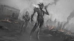  1girl 1other belt book building burning cigarette cityscape commentary_request cover cover_page debris denim fire highres holding holding_book holding_cigarette jeans kohata_(kohatazuke) looking_at_another medium_hair negaresurrection novel_cover original pants smoke smoking solo_focus standing topless_male 