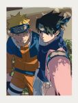  1girl 2boys bare_shoulders black_eyes black_hair blonde_hair blue_eyes blue_headband blue_shirt border clenched_teeth cowboy_shot forehead_protector from_behind haruno_sakura headband highres konohagakure_symbol long_hair male_focus multiple_boys naruto naruto_(series) one_eye_closed outdoors pink_hair pnpk_1013 shirt teeth uchiha_sasuke uzumaki_naruto white_border 