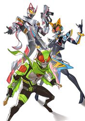  1girl 2boys \m/ absurdres animal_ears armor beat_axe beat_buckle black_bodysuit black_gloves bodysuit boost_buckle breasts cat_ears desire_driver driver_(kamen_rider) exhaust_pipe fox fox_ears fox_mask full_body gears geats_buster_qb9 gloves glowing glowing_eyes guitar high_heels highres holding holding_instrument holding_sword holding_weapon id_core instrument kamen_rider kamen_rider_geats kamen_rider_geats_(series) kamen_rider_na-go kamen_rider_tycoon kitsune looking_at_viewer magnum_boost magnum_buckle magnum_shooter_40x male_focus maniaxpunk mask medium_breasts multiple_boys ninja ninja_buckle ninja_dueler orange_armor power_armor raccoon_ears raise_buckle red_eyes reverse_grip rider_belt scarf solo sword tanuki tokusatsu weapon white_armor yellow_eyes 