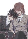  2boys affectionate akechi_gorou amamiya_ren black-framed_eyewear black_hair brown_eyes brown_hair buttons collared_shirt commentary_request elulit2 glasses grey_eyes hair_between_eyes highres jacket leaning_on_person long_sleeves looking_at_another male_focus multiple_boys necktie one_eye_closed open_mouth pants persona persona_5 plaid plaid_pants red_eyes school_uniform shirt short_hair shuujin_academy_school_uniform simple_background sitting smile striped_necktie 