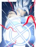  1boy absurdres ahoge aiming aiming_at_viewer arms_up blue_background border commentary_request constricted_pupils dougi dragon_ball dragon_ball_super dragon_ball_super_super_hero electricity energy forehead foreshortening furrowed_brow glowing gohan_beast grey_hair highres holding_own_arm huge_ahoge kihada_magulo legs_apart looking_at_viewer makankousappou male_focus muscular muscular_male outside_border outstretched_arm powering_up red_eyes simple_background sleeveless solo spiky_hair standing v-shaped_eyebrows white_border wide-eyed wristband 