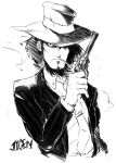  1boy absurdres beard cigarette commentary_request cropped_torso esuke_y facial_hair greyscale gun hat hat_over_one_eye highres holding holding_gun holding_weapon jacket jigen_daisuke lupin_iii male_focus monochrome shirt short_hair smoke solo weapon 