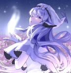  1girl animal_ears blush capelet character_request commission copyright_request dress field floating_hair flower flower_field gloves grey_hair hair_ornament hands_up hat highres long_hair looking_at_viewer looking_back open_mouth purple_capelet purple_hat sky solo star_(sky) starry_sky very_long_hair white_dress white_gloves x_hair_ornament zuraa_(naunau_seijin) 