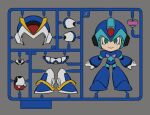  1boy armor blue_armor blue_helmet character_name chibi first_armor_x_(mega_man) forehead_jewel green_eyes grey_background heart maeeeeeeeeng mega_man_(series) mega_man_x_(series) model_kit shoulder_armor simple_background solo sprue unworn_armor white_armor white_helmet x_(mega_man) 