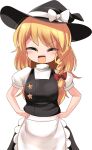  1girl apron black_hat black_skirt black_vest blonde_hair blush bow braid brown_eyes commentary_request cookie_(touhou) cowboy_shot hair_bow half-closed_eyes hands_on_own_hips hat hat_bow highres kirisame_marisa lets0020 long_hair looking_at_viewer medium_bangs open_mouth puffy_short_sleeves puffy_sleeves red_bow shirt short_sleeves simple_background single_braid skirt skirt_set smile solo star_(symbol) suzu_(cookie) touhou transparent_background unusually_open_eyes v-shaped_eyebrows vest waist_apron white_apron white_bow white_shirt witch_hat 