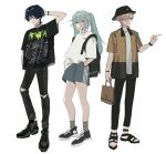  1girl 2boys aranara_(genshin_impact) backpack bag black_choker black_footwear black_hair black_hat black_pants blue_shorts brown_hair bucket_hat casual choker closed_mouth clothes_writing faruzan_(genshin_impact) full_body genshin_impact green_eyes hair_ornament hand_on_own_head hands_in_pockets hat highres holding holding_bag long_hair lyney_(genshin_impact) multicolored_hair multiple_boys no6_gnsn pants redhead sandals scaramouche_(genshin_impact) shirt shoes short_sleeves shorts simple_background sneakers socks standing streaked_hair t-shirt torn_clothes torn_pants twintails twitter_username violet_eyes white_background x_hair_ornament 