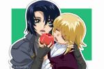  1boy 1girl apple artist_name ascot athrun_zala blonde_hair blue_hair brown_jacket cagalli_yula_athha closed_eyes couple food fruit fumiko_(mesushi) green_eyes grey_jacket grey_shirt gundam gundam_seed gundam_seed_freedom holding holding_food holding_fruit holding_together imminent_bite jacket looking_at_another open_mouth red_apple sharing_food shirt short_hair white_ascot 