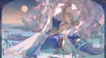 artist_name barefoot blonde_hair chinese_text closed_eyes facial_mark forehead_mark full_moon highres long_hair long_sleeves low_neckline moon on_water open_hands outdoors sitting_on_water star_(sky) tears water water_drop weibo_6705424934 white_lotus 