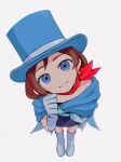  0tz026 1girl ace_attorney apollo_justice:_ace_attorney blue_cape blue_hat blush brown_hair cape diamond_earrings dress earrings hat highres jewelry looking_at_viewer magician red_scarf scarf smile top_hat trucy_wright 