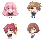  2boys 2girls :d :o baka_to_test_to_shoukanjuu black_footwear black_jacket blazer blue_necktie blue_pants blush blush_stickers bow brown_eyes brown_hair chibi collared_shirt commentary english_commentary green_eyes hair_bow hair_ornament hairclip himeji_mizuki hitsukuya jacket kinoshita_hideyoshi long_hair long_sleeves looking_at_viewer multiple_boys multiple_girls necktie pants parted_bangs parted_lips pink_hair pleated_skirt ponytail red_necktie red_skirt shimada_minami shirt shoes skirt smile socks very_long_hair violet_eyes white_shirt white_socks yellow_bow yoshii_akihisa 