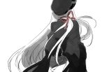  1girl bad_id bad_pixiv_id black_shirt bow from_behind hat long_hair long_sleeves lunch_(lunchicken) original shirt simple_background solo upper_body white_background white_hair 
