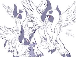  absol bright_pupils claws closed_mouth commentary_request highres korean_commentary korean_text mega_absol no_humans parted_lips pokemon pokemon_(creature) red_eyes translation_request vpfjfevol white_background white_fur white_pupils 