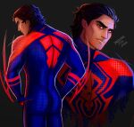  1boy 2023 artist_name black_hair blue_bodysuit bodysuit cropped_torso dated dazzlingjedi english_commentary grey_background hair_slicked_back hand_on_own_hip highres looking_back marvel miguel_o&#039;hara multiple_views red_bodysuit red_eyes short_hair simple_background smile spider-man:_across_the_spider-verse spider-man_(series) spider-verse thick_eyebrows two-tone_bodysuit 