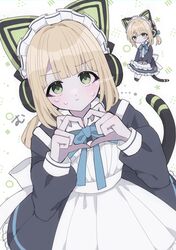  1girl animal_ear_headphones animal_ears apron black_dress blonde_hair blue_archive blue_bow blush bow cat_ear_headphones cat_tail chibi chibi_inset closed_mouth dress fake_animal_ears frilled_apron frilled_dress frills green_eyes halo headphones heart heart_hands highres long_sleeves looking_at_viewer maid maid_apron maid_headdress midori_(blue_archive) midori_(maid)_(blue_archive) multiple_views official_alternate_costume short_hair sweat tail twitter_username white_apron white_background yakitori_egg 