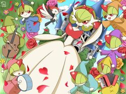  accordion apple blue_sky bob_cut bow castle clouds dress drum flower food fruit gardevoir green_hair hair_bow hair_over_eyes holding holding_food holding_fruit instrument mega_gardevoir mega_pokemon one_eye_closed open_mouth pikipek pink_eyes pokemon pokemon_(creature) ralts red_bow shabana_may signature sky smile snow_white tree violin white_dress 