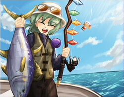  1girl :d blue_sky closed_eyes clouds commentary english_commentary eyewear_on_head fish fisherman fishing_rod flandre_scarlet green_hair hat highres holding holding_fishing_rod horizon koishi_komeiji&#039;s_heart-throbbing_adventure komeiji_koishi lad_der long_sleeves ocean open_mouth outdoors short_hair sky smile solo sunglasses third_eye touhou 