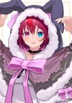  1girl :d absurdres animal_ears animal_hood black_choker blue_eyes blush bow capelet choker choppy_bangs dress fangs fur-trimmed_capelet fur-trimmed_hood fur_trim hands_up heterochromia highres hololive hololive_english hood hood_up hooded_capelet irys_(casualrys)_(hololive) irys_(hololive) kanadeho lace-trimmed_choker lace_trim looking_at_viewer multicolored_hair official_alternate_costume official_alternate_hairstyle pink_bow pointy_ears purple_hair rabbit_hood redhead short_hair simple_background smile solo star-shaped_pupils star_(symbol) streaked_hair symbol-shaped_pupils upper_body violet_eyes virtual_youtuber white_background white_dress 