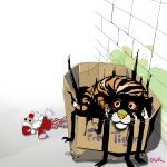  1other box closed_mouth commentary_request dream_tiger_(govy9807) drimuky english_text highres in_box in_container looking_at_viewer original puppet red_eyes shadow signature tail tiger tiger_stripes tiger_tail 