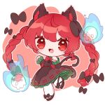  1girl absurdres animal_ears bow braid cat_ears cat_tail chibi dress extra_ears flaming_skull floating_skull green_bow green_dress hair_bow highres inukkomaru kaenbyou_rin multiple_tails nekomata red_eyes redhead skull solo tail touhou twin_braids two_tails white_background 