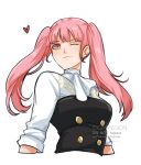  1girl ;) artist_name ascot black_dress breasts buttons commentary commission double-breasted dress fire_emblem fire_emblem:_three_houses garreg_mach_monastery_uniform heart highres hilda_valentine_goneril long_hair long_sleeves looking_at_viewer medium_breasts one_eye_closed pink_eyes pink_hair shirt sierra117renner simple_background smile solo strapless strapless_dress twintails upper_body white_ascot white_background white_shirt 