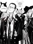  4boys animal_ears arms_behind_back bell bow bowtie buchi_(one_piece) captain_kuro closed_mouth coat collared_shirt commentary_request curly_hair extra_ears facial_hair fangs fat fedora frown glaring glasses goatee greyscale grin hair_slicked_back hand_on_own_hip hat head_tilt highres ikuhana_niiro jango_(one_piece) long_sleeves looking_at_viewer loose_necktie medium_hair monochrome multiple_boys neck_bell necktie one_piece open_clothes open_coat pants raised_eyebrow round_eyewear scowl sham_(one_piece) sharp_teeth shirt short_hair simple_background skull_and_crossbones slit_pupils smile teeth upper_body upturned_nose v-shaped_eyebrows very_short_hair vest wide_brim 