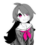  1girl ahoge bags_under_eyes crying crying_with_eyes_open dead_end_chocolate_(vocaloid) despair gauze_on_cheek greyscale hair_over_one_eye highres inemuri_(jdq5e) long_hair long_sleeves looking_up monochrome neckerchief no_pupils open_mouth pink_eyes pink_neckerchief school_uniform serafuku shirt simple_background solo spot_color tears upper_body v_arms wide-eyed yotsuya_moe 